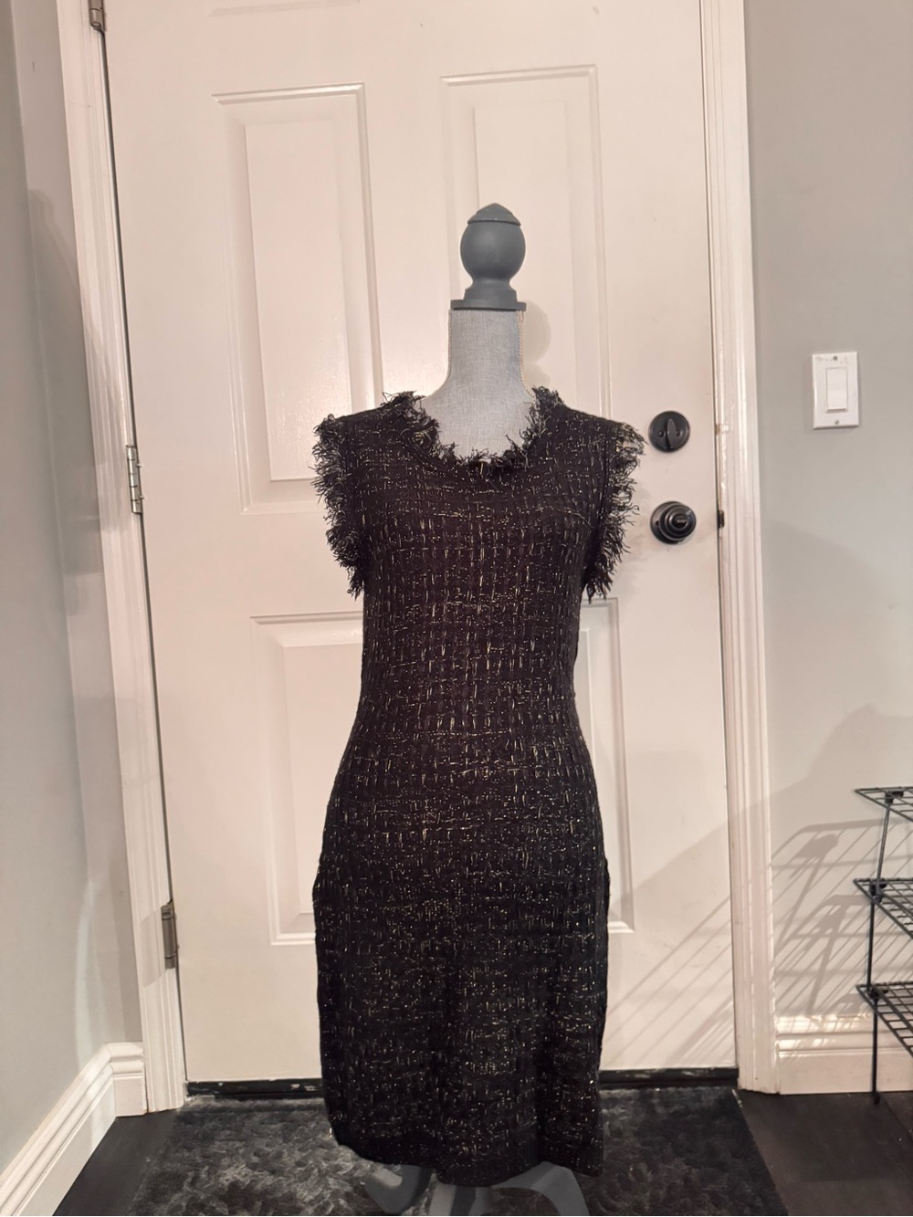 Sleeveless Black Tweed Fringe Midi Dress